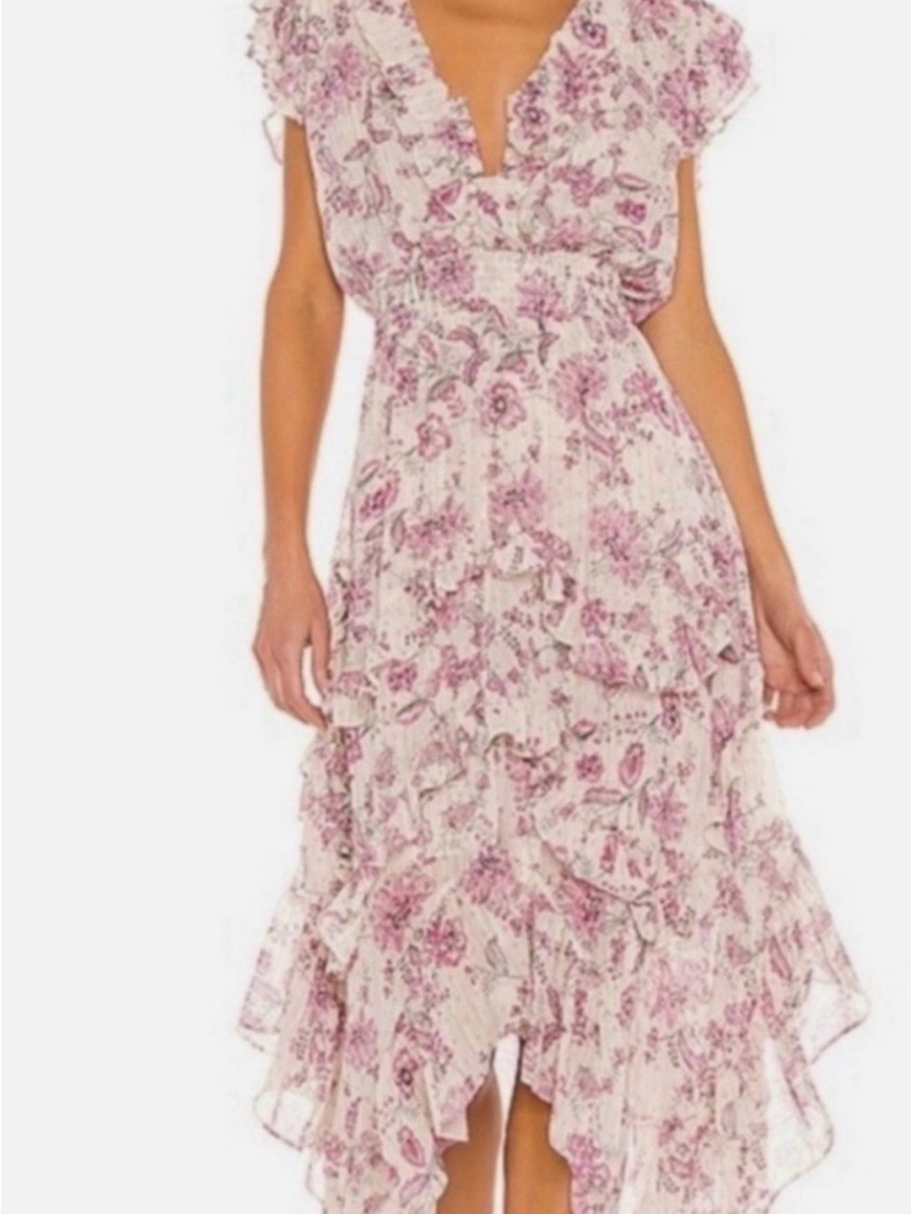 Misa Los Angeles Pink Floral High-Low Ruffle Midi Dress